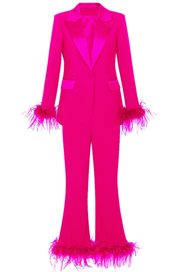 Fuchsia 2 Piece Peak Lapel  Women Formal Suits with Feather